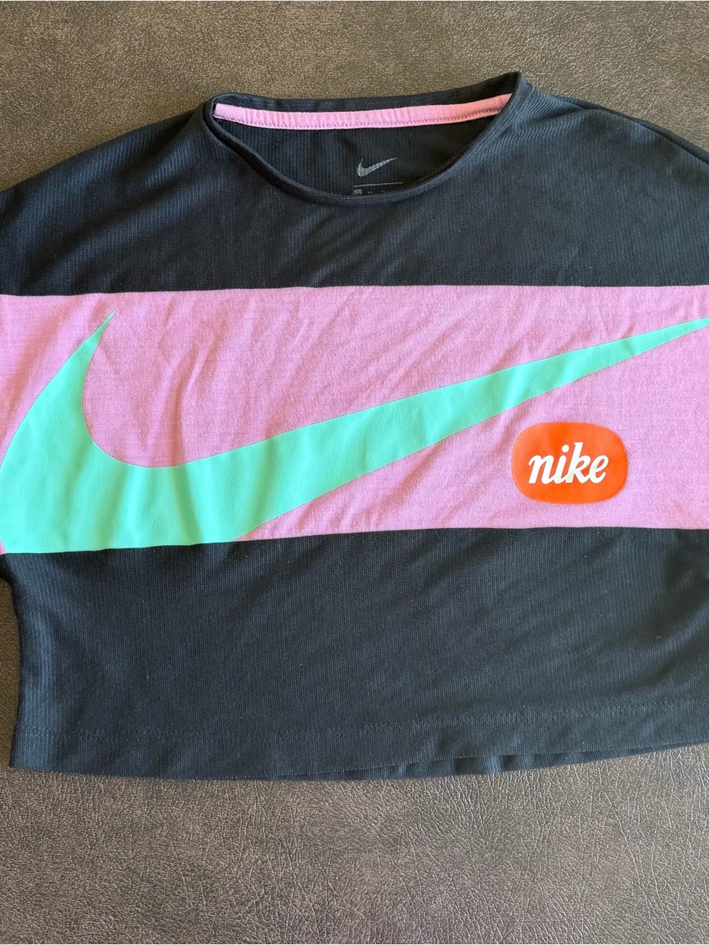 Nike Black Cropped Top with Pink Stripe and Mint Swoosh